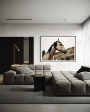 Load image into Gallery viewer, Stylish living room featuring 'Horse Art' titled 'Side Eye Susan 0212', showcasing a striking horse portrait framed elegantly above a modern sofa.