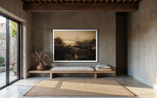 Load image into Gallery viewer, Horse Art - Limited Edition 'Horse's Flock 0225' showcased beautifully in a modern interior setting, with warm tones enhancing the serene depiction of horses at dawn.