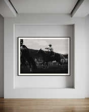 Load image into Gallery viewer, Elegant interior with the black and white photography 'Gallant Gallup' by Addison Jones Studio framed on a wall, capturing the essence of cowboy culture.