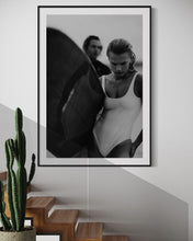 Load image into Gallery viewer, Euphoria Waves by Addison Jones Studio - an artistic capture of a female surfer in black and white, presented in a stylish home decor context.