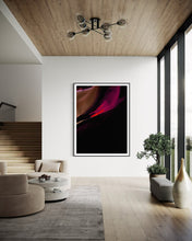 Load image into Gallery viewer, Elegant living room showcasing 'Mingle IV' by Addison Jones Studio, a stunning modern red art for sale, featuring vibrant colors against a dark backdrop.