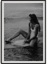 Load image into Gallery viewer, A detailed close-up of the stunning 'Riding Tide' photograph framed elegantly, showcasing the beauty of a woman in a swimsuit with the ocean backdrop, perfect for art lovers.