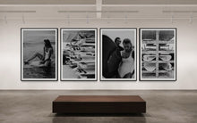 Load image into Gallery viewer, Beach Art: Surf School - An elegant gallery setting displaying multiple black-and-white photographs, including the iconic Surf School series centered on surfboards and beach culture.