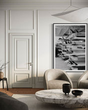 Load image into Gallery viewer, Beach Art: Surf School - A sophisticated living room design featuring a large black-and-white image of surfboards, enhancing coastal decor.
