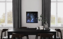 Load image into Gallery viewer, A framed street art piece 'Staring Into the Blue' elegantly hung in a chic dining area, surrounded by contemporary furniture and decor.