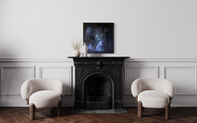 Load image into Gallery viewer, An elegant modern living room with 'Staring Into the Blue' street art above a fireplace, showcasing the art's interaction with home decor in a bright, inviting ambiance.