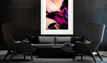 Load image into Gallery viewer, Contemporary living space with 'Mingle V' abstract art by Addison Jones Studio elegantly displayed above a black sofa and unique chairs, adding a pop of color and style.