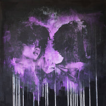 Load image into Gallery viewer, Street Art-Raining Purple
"Raining Purple" is original purple street art piece featuring original portrait photography. The piece features a shot of twins, Cortney and Bethyie, and acrylic and ink paints on canvas. This is a hand-signed piece with a certificate of authenticity.