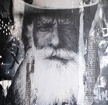 Load image into Gallery viewer, A close-up of a weathered man's face, showcasing detailed textures and expressions, surrounded by collage elements. This artwork, 'Lost on the Range' by Addison Jones Studio, highlights street art and western art vibes, available for sale.