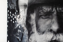 Load image into Gallery viewer, An artistic shot focusing on an intense expression of an older man, creating a captivating portrait surrounded by mixed media textures. This piece, 'Lost on the Range' from Addison Jones Studio, embodies street art and western art, offered for sale.
