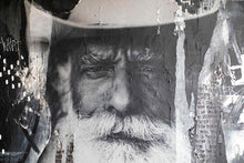 Load image into Gallery viewer, A detailed artwork depicting an elderly man's face with layered artistic textures, creating an intriguing visual. Titled 'Lost on the Range' by Addison Jones Studio, this piece reflects street art and western art themes and is for sale.