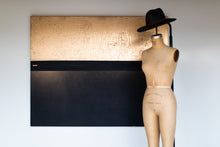 Load image into Gallery viewer, Contemporary Art-Abundance 904 displayed on a wall with a mannequin nearby, highlighting the striking gold and black contrast characteristic of modern gold contemporary art.