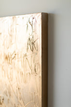 Load image into Gallery viewer, Detailed view of the edge of the 'Let Go' contemporary art piece, showcasing the hand-etched texture and luxurious gold finish.