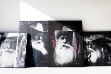 Load image into Gallery viewer, Dramatic angled view of a Contemporary Art Cowboy artwork, emphasizing the intricate brushwork and layered textures that evoke a sense of history.