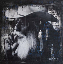Load image into Gallery viewer, Contemporary Art Cowboy portrait featuring a rugged cowboy with a prominent beard and white hat, artistically painted with a collage-style layering technique, rich in black and blue tones.