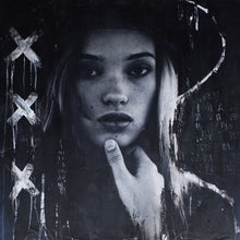 Load image into Gallery viewer, Bold black and white portrait of a young woman with a large hat, surrounded by artistic brush strokes. Modern Art street art style.