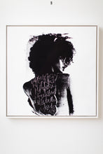Load image into Gallery viewer, Close-up view of a modern art piece's outline, showcasing the silhouette of a woman with graffiti and text in vivid detail.