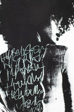 Load image into Gallery viewer, Close-up view of a modern art piece displaying a woman's silhouette with abstract calligraphy, emphasizing intricate details of the graffiti-inspired design.