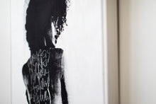 Load image into Gallery viewer, Close-up image of the modern art piece, focusing on the abstract calligraphy overlaying the woman's silhouette, enhancing the artistic flair.