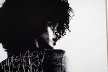 Load image into Gallery viewer, Detailed close-up of a modern art piece emphasizing the unique textures and intricate design of the graffiti on the woman's silhouette.