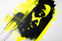 Load image into Gallery viewer, Vivid detail of Neon Pop Art showcasing vibrant dripped yellow paint against a black background, enhancing the abstract portrait.