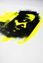Load image into Gallery viewer, Neon Pop Art close-up capturing vibrant yellow and deep black colors in an abstract portrait, displaying expressive artistic flair.