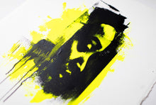 Load image into Gallery viewer, Close-up of Neon Pop Art showcasing a vibrant abstract portrait in yellow and black tones, emphasizing bold brush strokes.