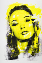 Load image into Gallery viewer, Vibrant Pop Art portrait featuring a woman with yellow and black colors, showcasing the unique style of Addison Jones Studio.