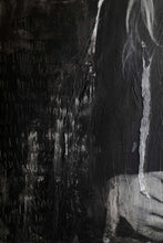 Load image into Gallery viewer, Close-up of a textured street art canvas, highlighting contrasting colors and visual details of a stylized portrait.