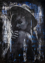 Load image into Gallery viewer, Abstract street art piece showcasing a woman in a hat, black and blue tones, blending photography and painting.