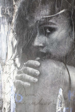 Load image into Gallery viewer, Close-up of a street art piece capturing the intricate details of a woman's expression and the layered textures of paint.