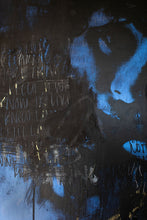 Load image into Gallery viewer, Close-up detail of the mixed media street art 'A Face Between the Words,' displaying textural contrasts and expressive brushwork.