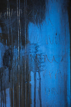 Load image into Gallery viewer, Textural close-up of the street art, highlighting the dramatic interplay of blue and black colors, combined with handwritten elements.