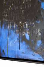 Load image into Gallery viewer, Elegant framing of the street art piece, capturing the essence of contemporary expression with a focus on blue and black abstractions.