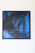 Load image into Gallery viewer, Artistic rendition of 'A Face Between the Words' showcasing bold blue hues and intricate details in a framed mixed media street art piece.