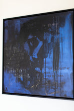 Load image into Gallery viewer, Detailed view of the street art 'A Face Between the Words,' revealing rich textures and expressive strokes against a vibrant blue backdrop.