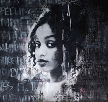 Load image into Gallery viewer, Street Art-Lost Between The Lines
“Lost Between the Lines” is a street art piece featuring original portrait photography. It’s produced using a collage-style layering technique with etched paint on stretched canvas. This is a hand-signed piece with a certificate of authenticity.