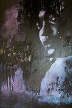 Load image into Gallery viewer, A close-up of a mixed media street art piece titled 'Staring Into the Blue,' showcasing a unique color-changing effect, prominently featuring a face partially obscured in shades of blue and purple.