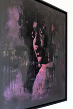 Load image into Gallery viewer, The framed street art piece 'Staring Into the Blue' displayed on a white wall, revealing its dynamic colors and expressive portraiture in an artistic setting.