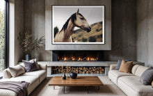 Load image into Gallery viewer, Contemporary fireplace setting with &#39;Horse Art&#39; named &#39;Side Eye Susan 0212&#39; displayed prominently, capturing the essence of elegance through a detailed horse image.
