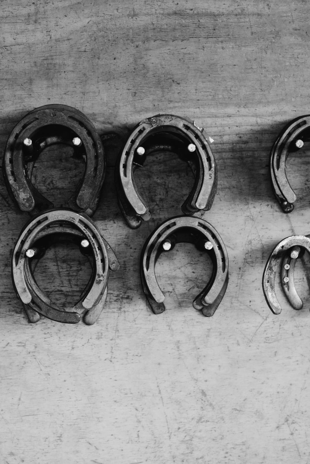 Limited Edition Western Art - Shoe Store 0217 Hand-Signed Artwork featuring a collection of horseshoes on a rustic wooden surface.